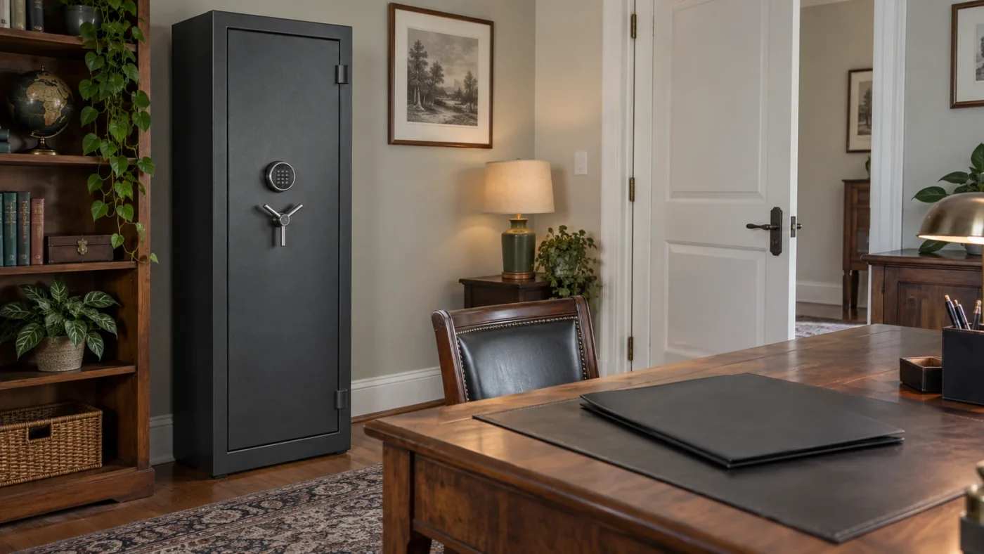 Porte d'entrée d'une maison vue de l'intérieur, dossier administratif posé sur un meuble