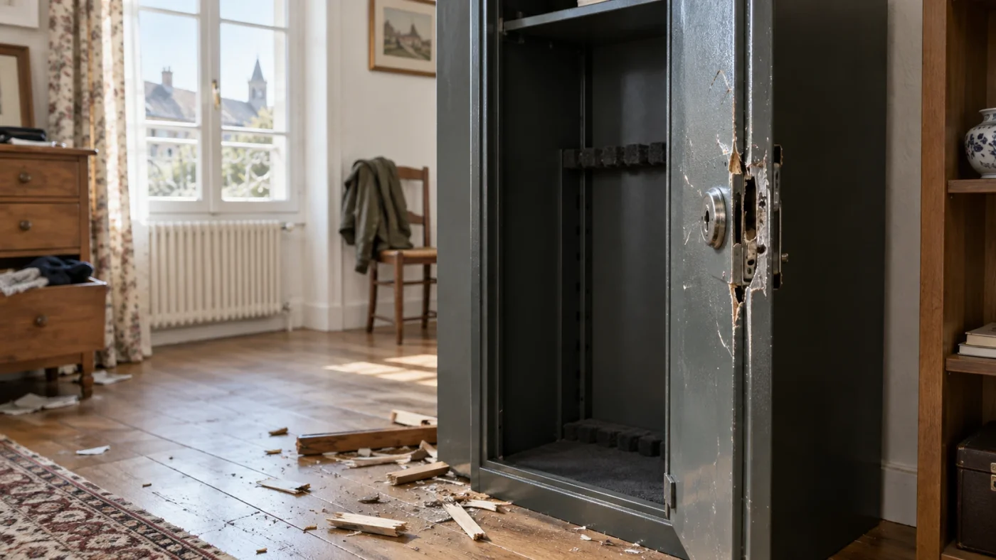 Armoire forte forcée et ouverte dans une pièce, emplacements de fusils vides