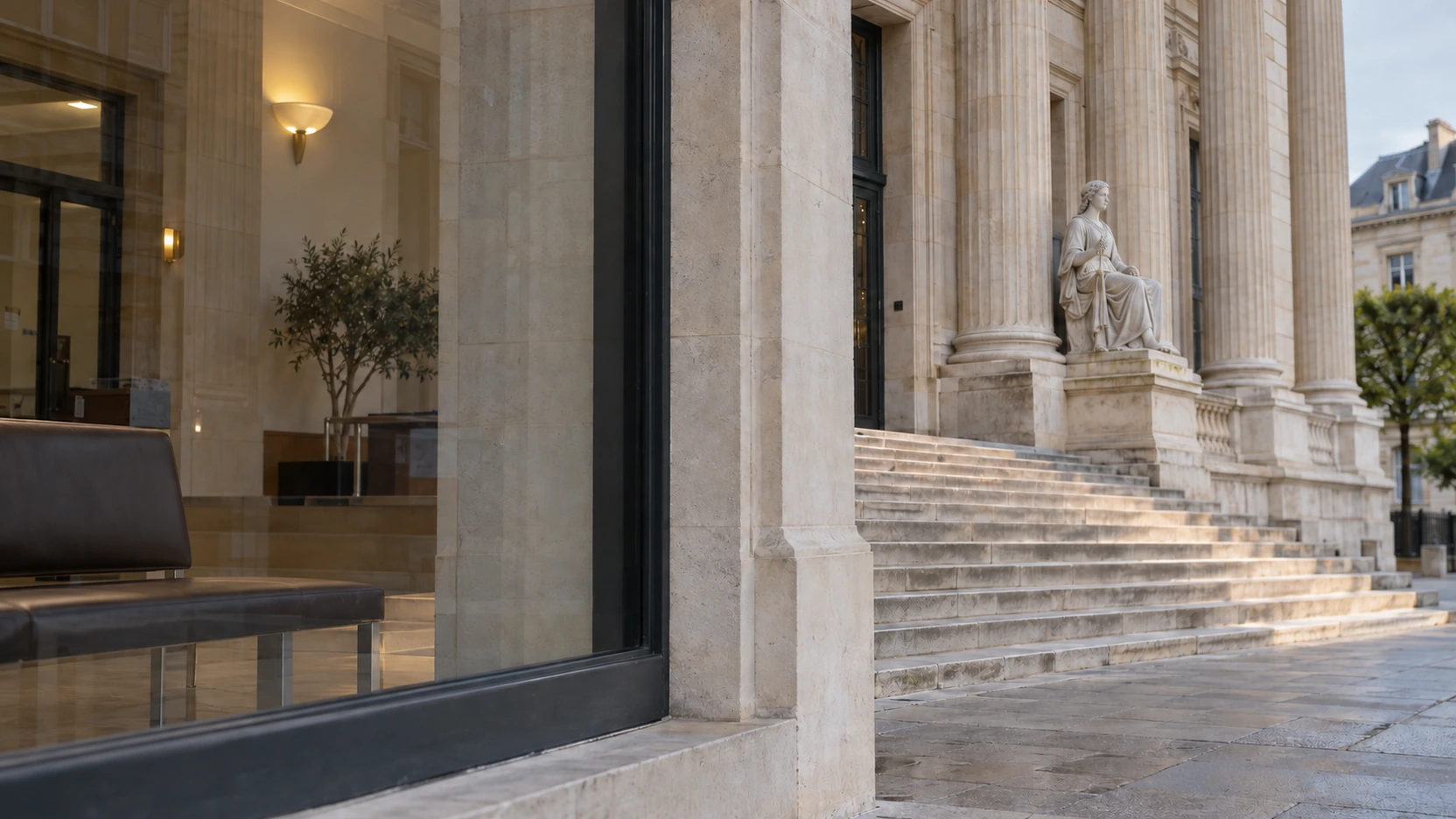 Entrée vitrée et escalier d’un bâtiment à colonnes de pierre