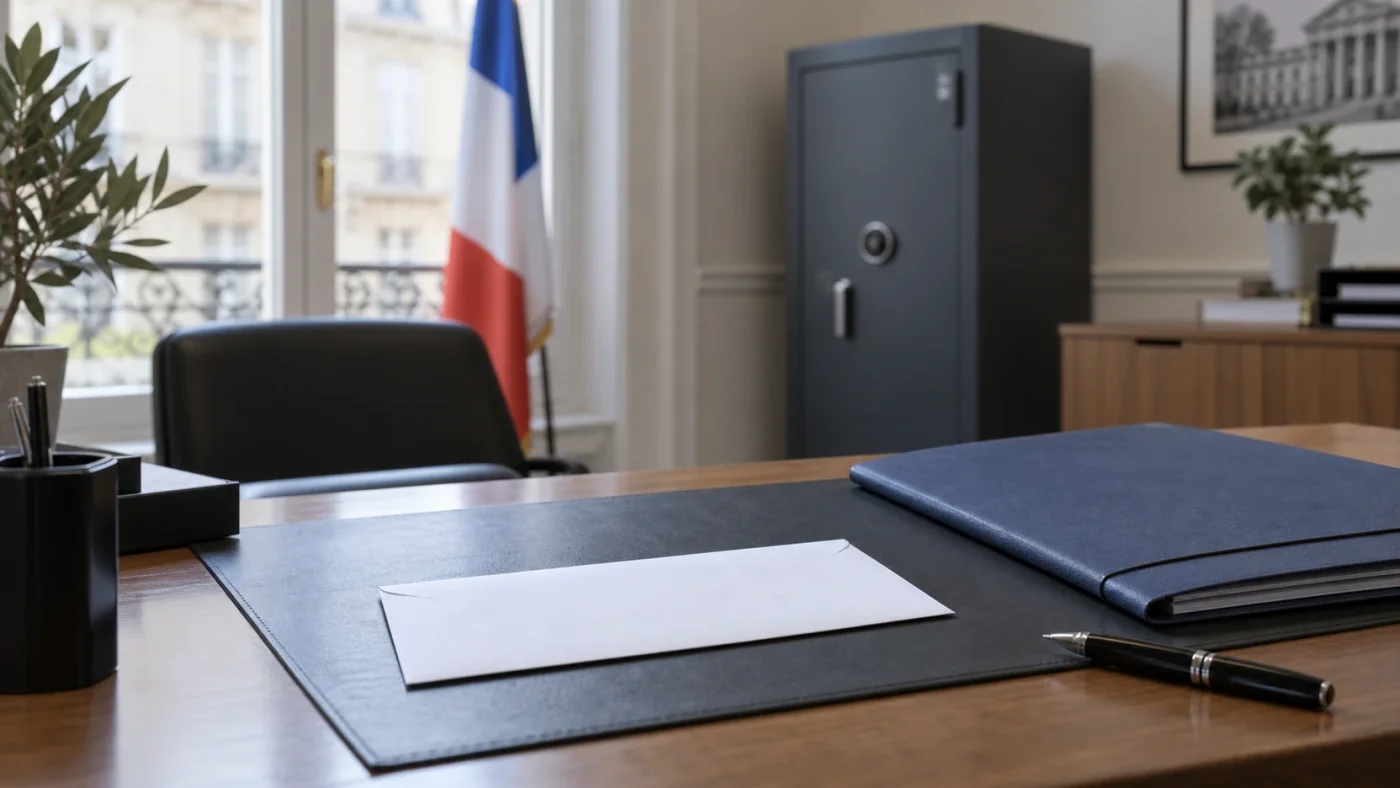 Courrier administratif et calendrier posés sur un bureau, avec un stylo