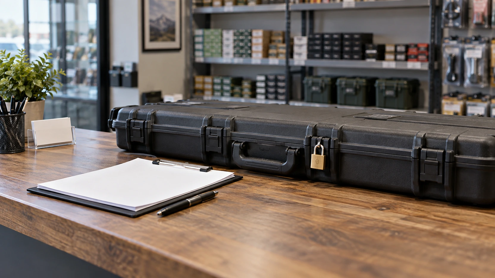 Comptoir d'armurerie avec un registre ouvert et un stylo