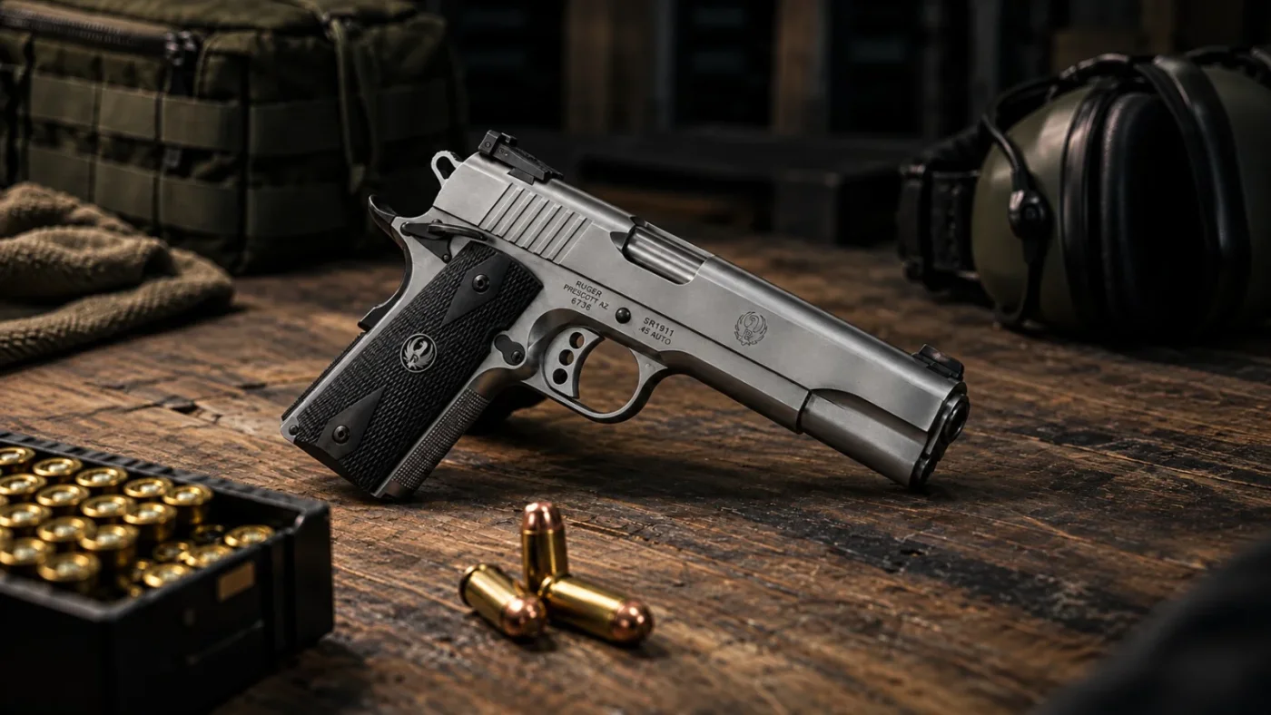 Pistolet 1911 à finition dorée et plaquettes bois, posé sur un tapis d'établi bleu