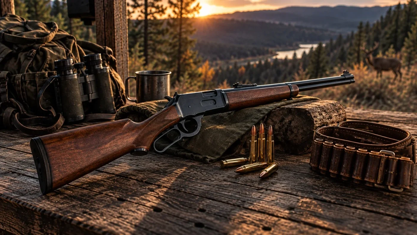 Carabine à levier de sous-garde à crosse en noyer sur une table en bois, cartouches, cartouchière en cuir, jumelles et forêt avec un cerf au soleil couchant.