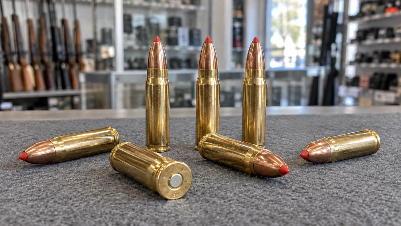 Six cartouches de .35 Remington à ogive à pointe polymère sur un comptoir d'armurerie