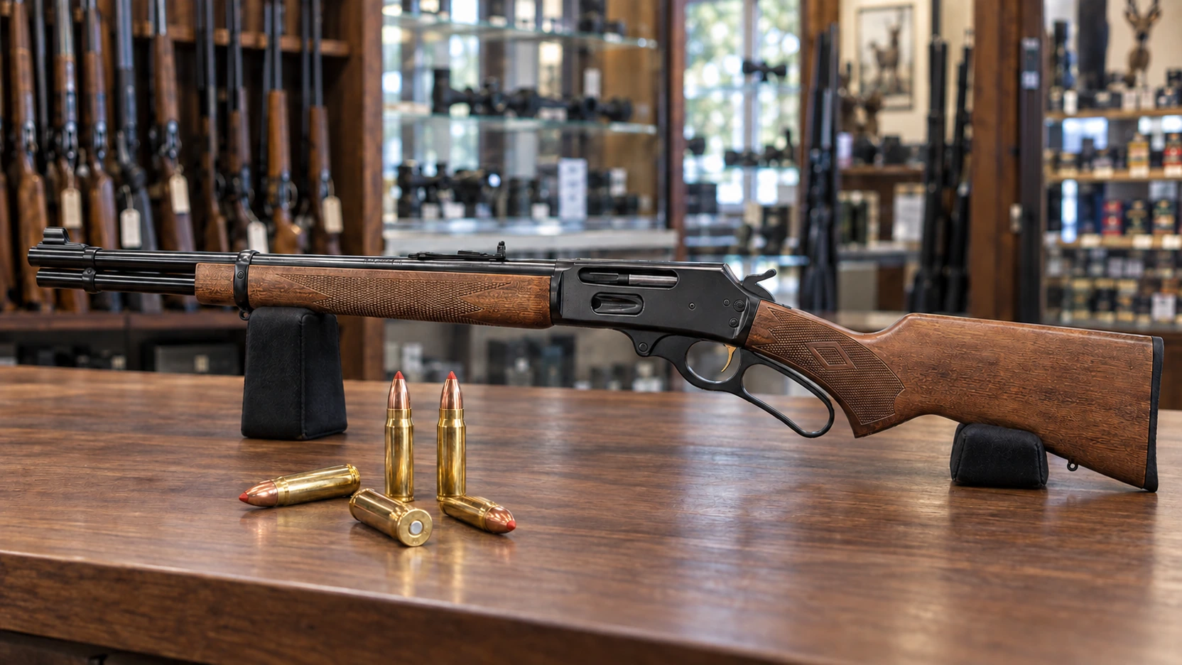Carabine à levier et cartouches de .35 Remington sur un comptoir d'armurerie