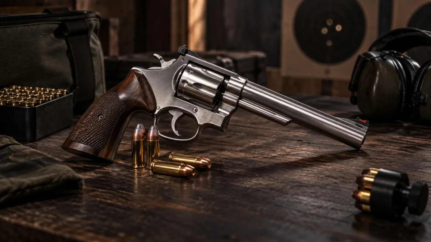 Cartouches de .357 Magnum et revolver en arrière-plan