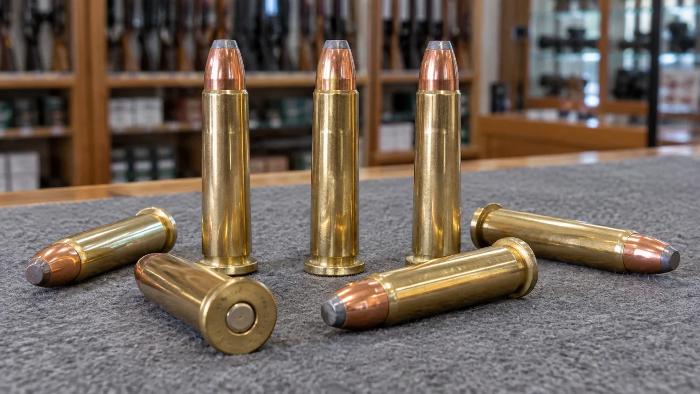 Cartouches de .375 Winchester à bourrelet et ogive à pointe plate sur un comptoir d'armurerie