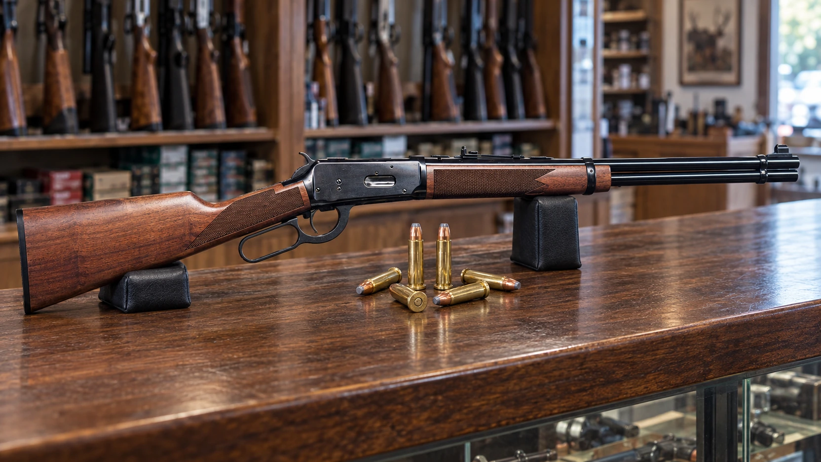 Carabine à levier et cartouches de .375 Winchester sur un comptoir d'armurerie