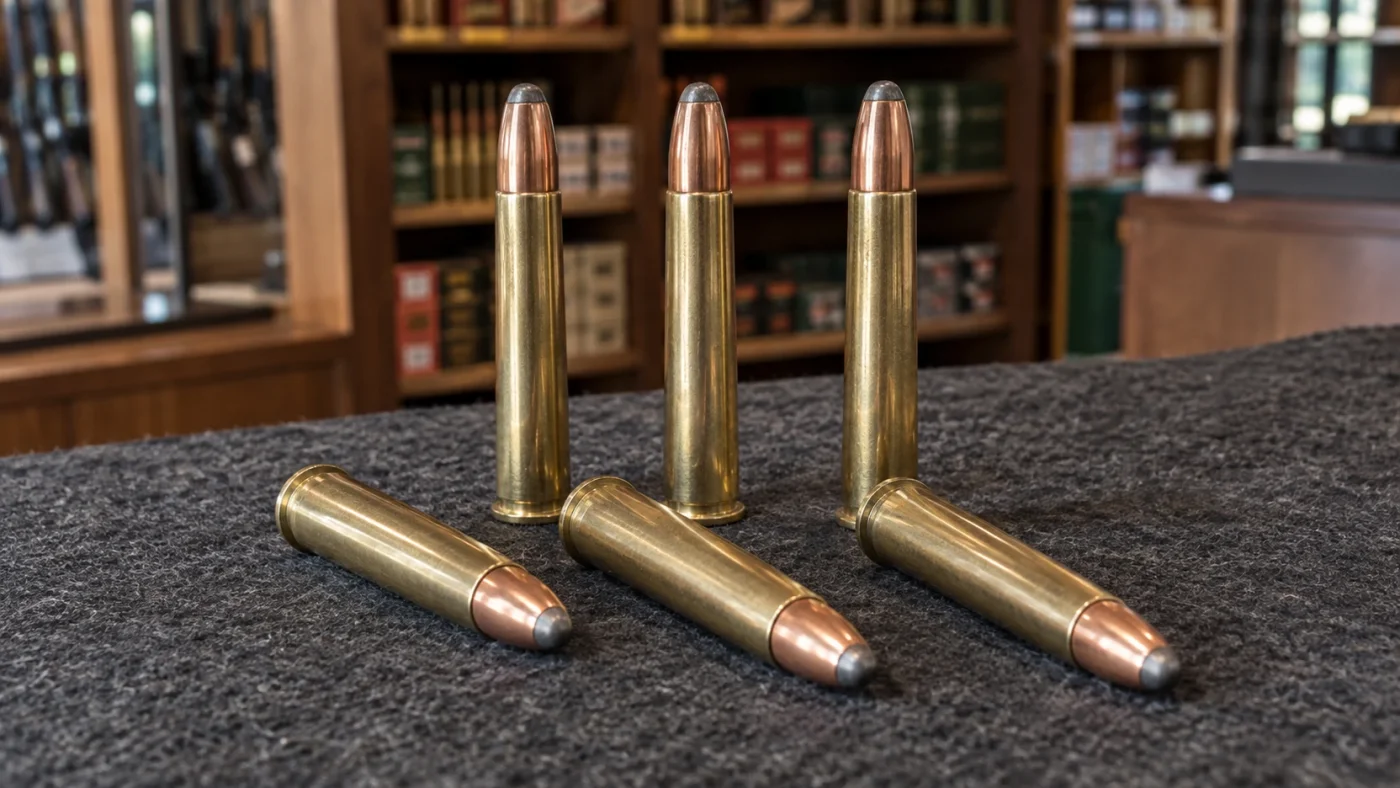 Cartouches de .405 Winchester à bourrelet et ogive à nez rond sur un comptoir d'armurerie
