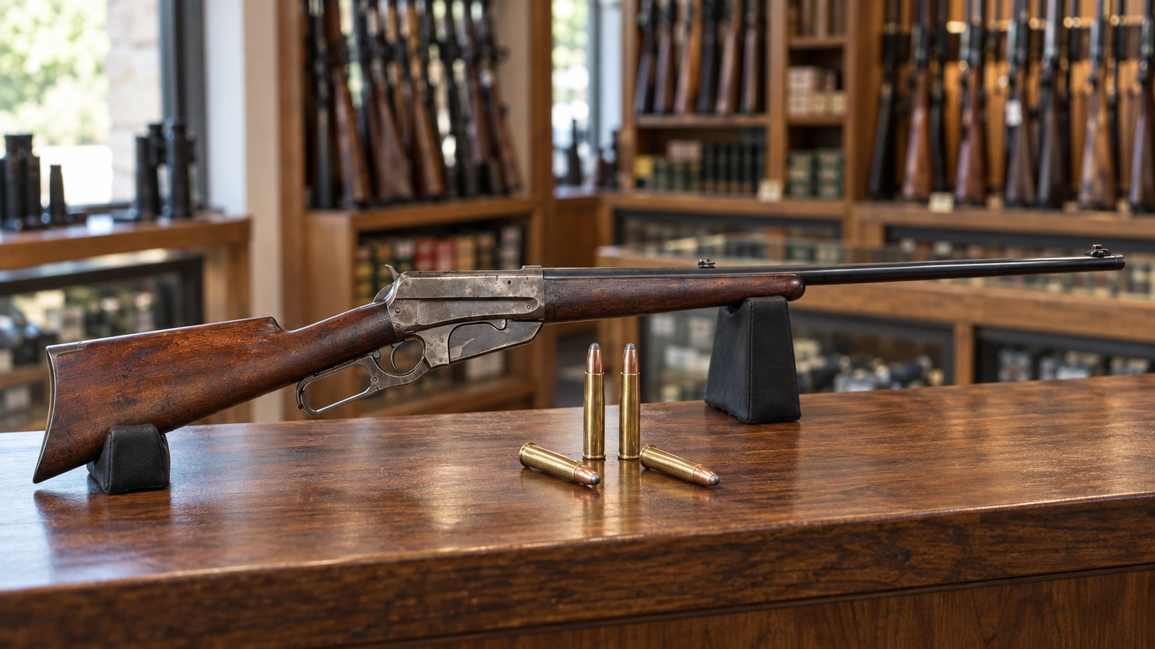 Carabine à levier à magasin à boîte et cartouches de .405 Winchester sur un comptoir d'armurerie