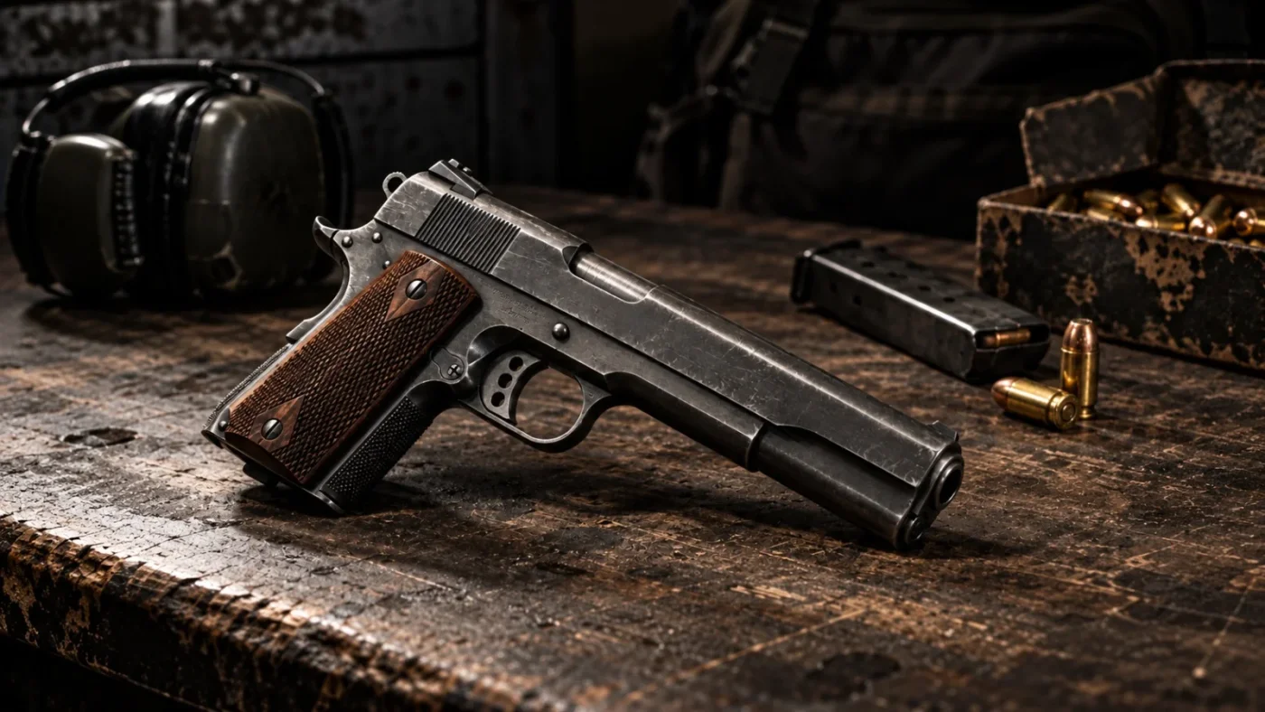 Cartouches de calibre .45 ACP alignées devant un pistolet 1911