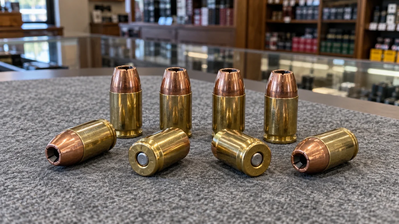 Huit cartouches de .45 GAP à ogive creuse debout et couchées sur le comptoir d'une armurerie