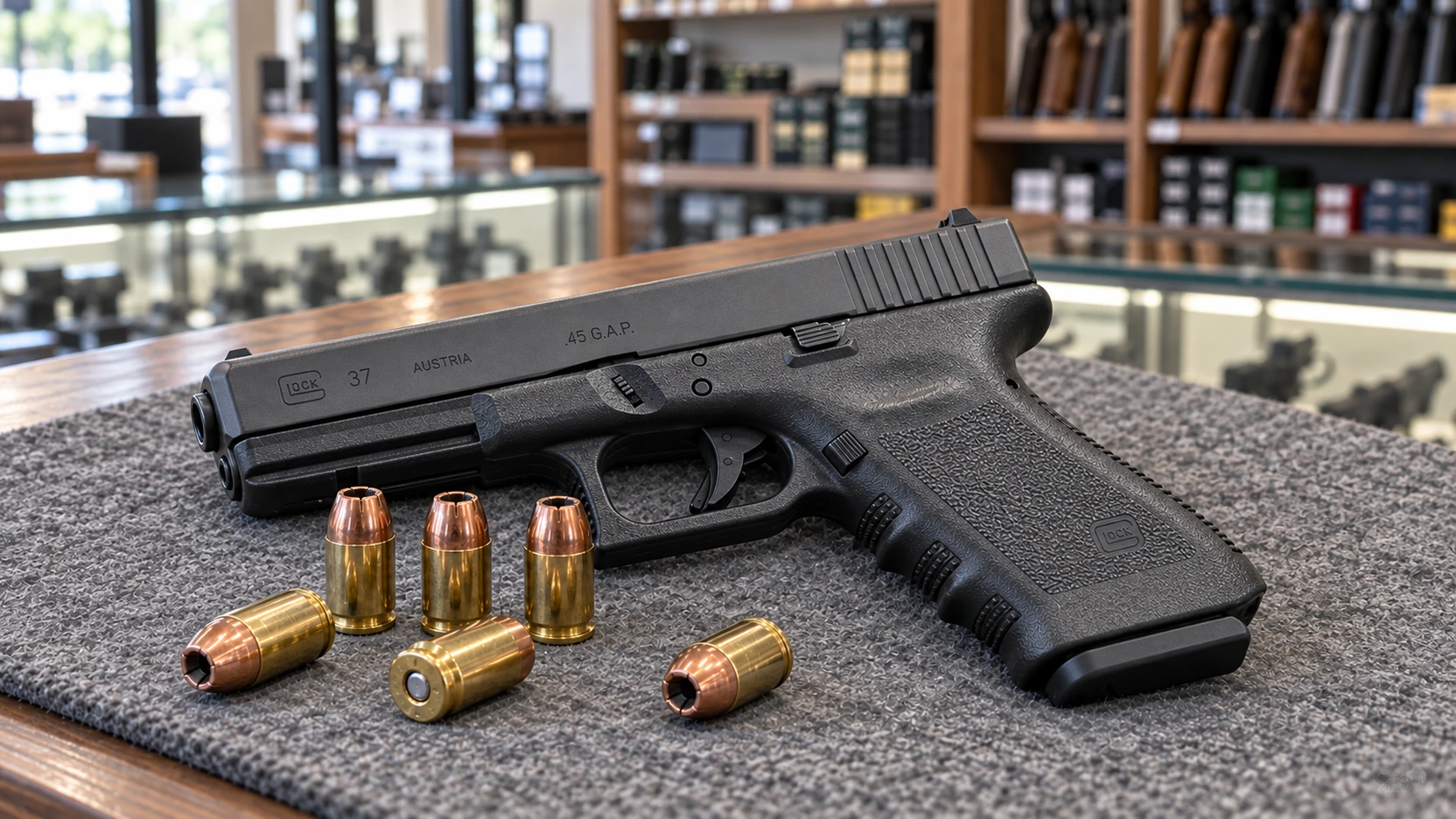 Pistolet Glock 37 marqué 45 G.A.P. posé sur un comptoir d'armurerie avec six cartouches de .45 GAP à ogive creuse