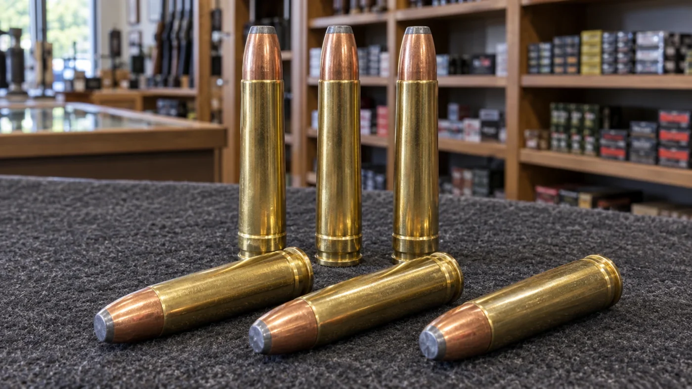 Six cartouches de .458 Lott à ogive blindée debout et couchées sur le comptoir d'une armurerie