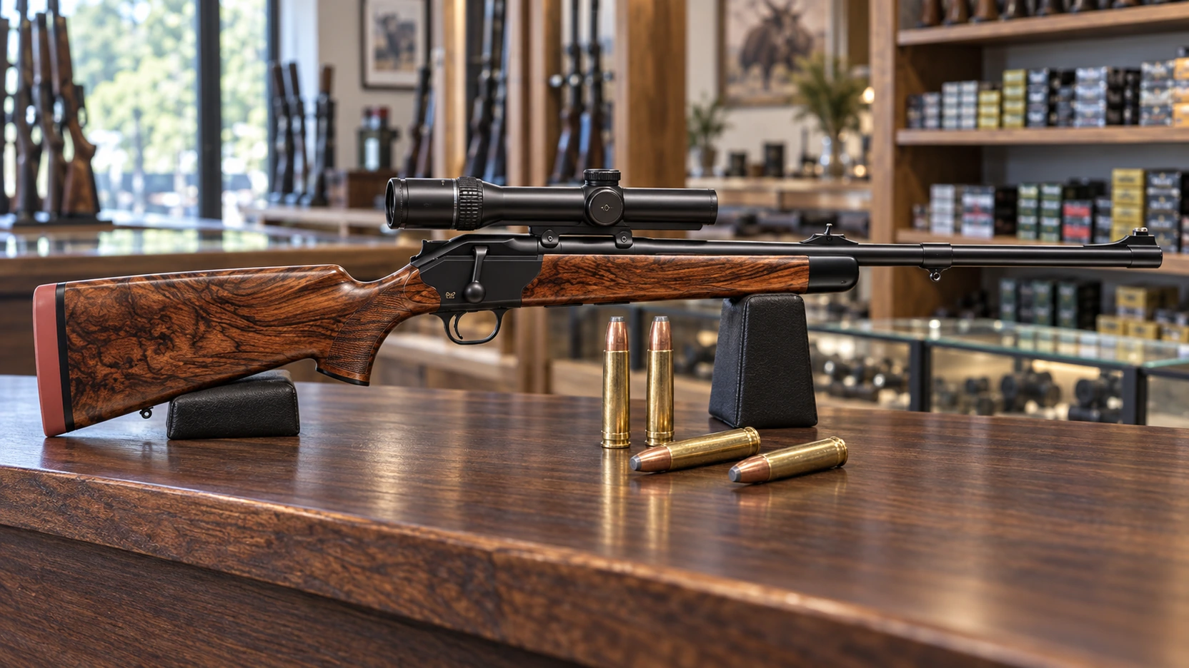 Carabine à verrou de safari à crosse en noyer et plaque de couche épaisse, avec des cartouches de .458 Lott sur un comptoir d'armurerie