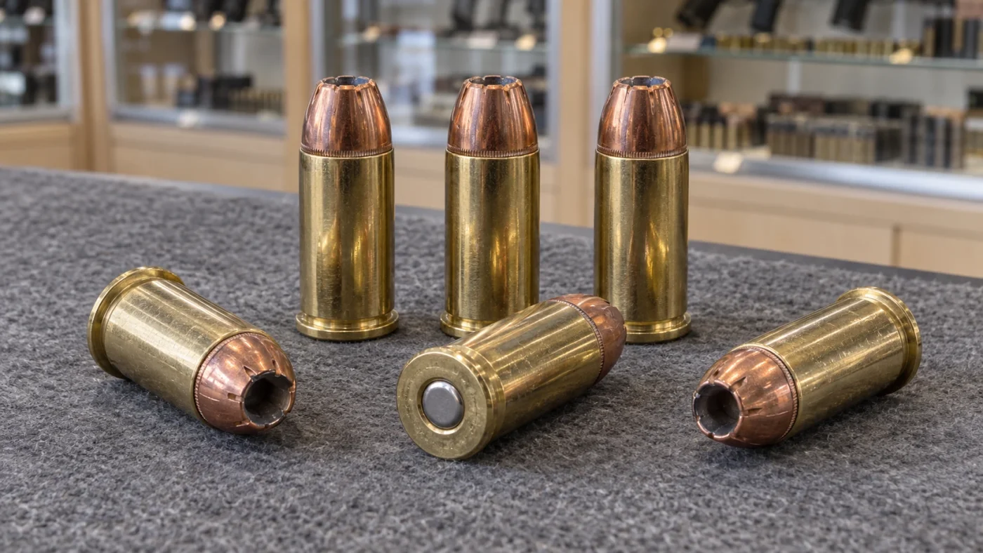 Six cartouches de gros revolver à ogive creuse cuivrée, debout et couchées sur le comptoir gris d'une armurerie