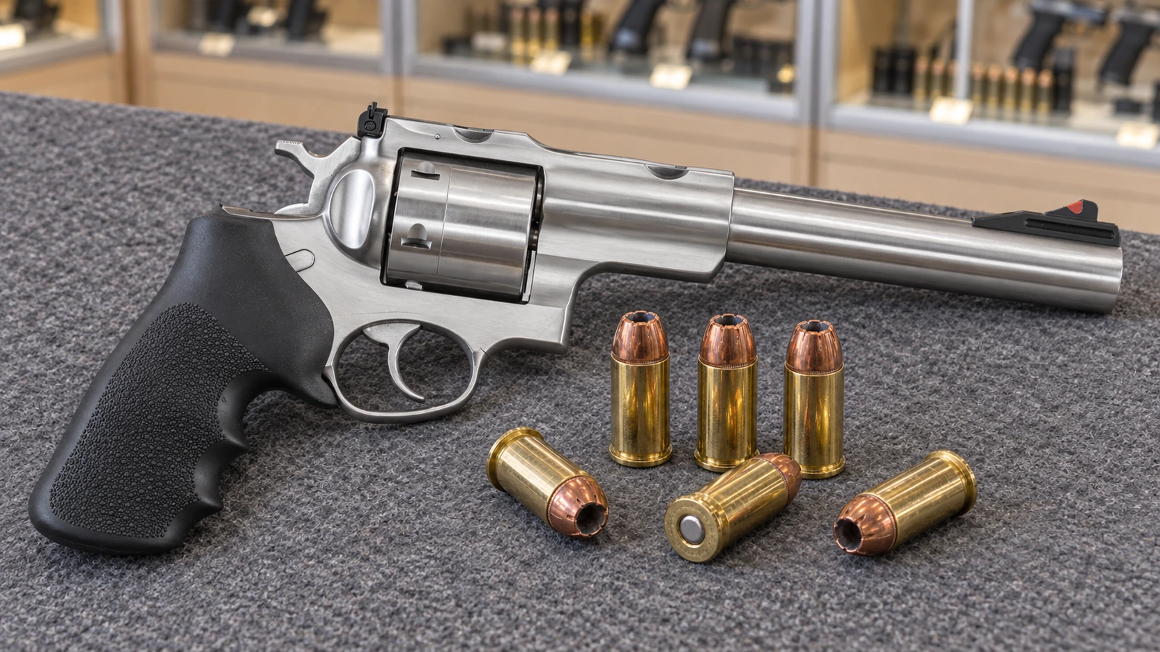Revolver à double action en acier inoxydable avec long canon lourd posé sur un comptoir d'armurerie, entouré de cartouches de .480 Ruger à ogive creuse