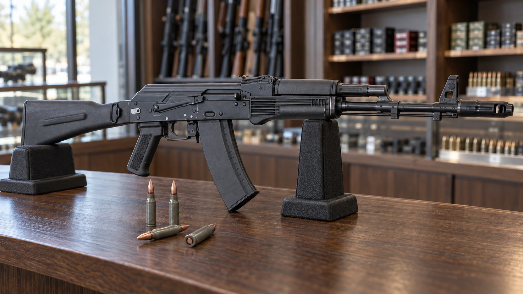 Carabine de type AK-74 sur support d'exposition avec des cartouches de 5,45 x 39 à étui vernis sur un comptoir d'armurerie