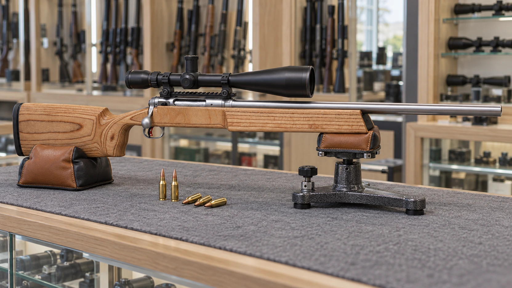 Carabine de bench-rest à canon lourd sur repose-avant et sac arrière, avec des cartouches de 6 PPC sur un comptoir d'armurerie