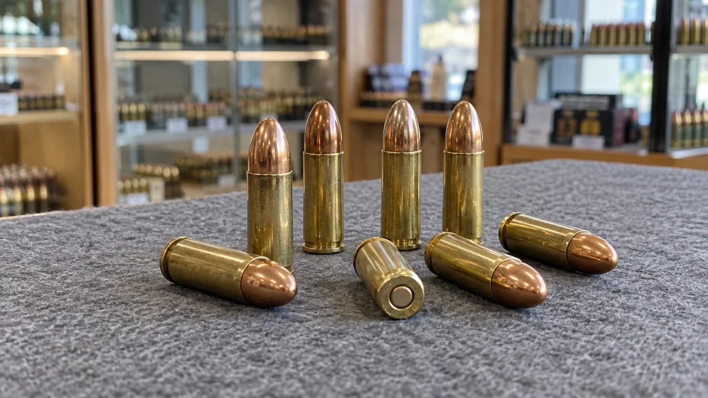 Six cartouches de 9 mm Largo à ogive blindée debout et couchées sur le comptoir d'une armurerie
