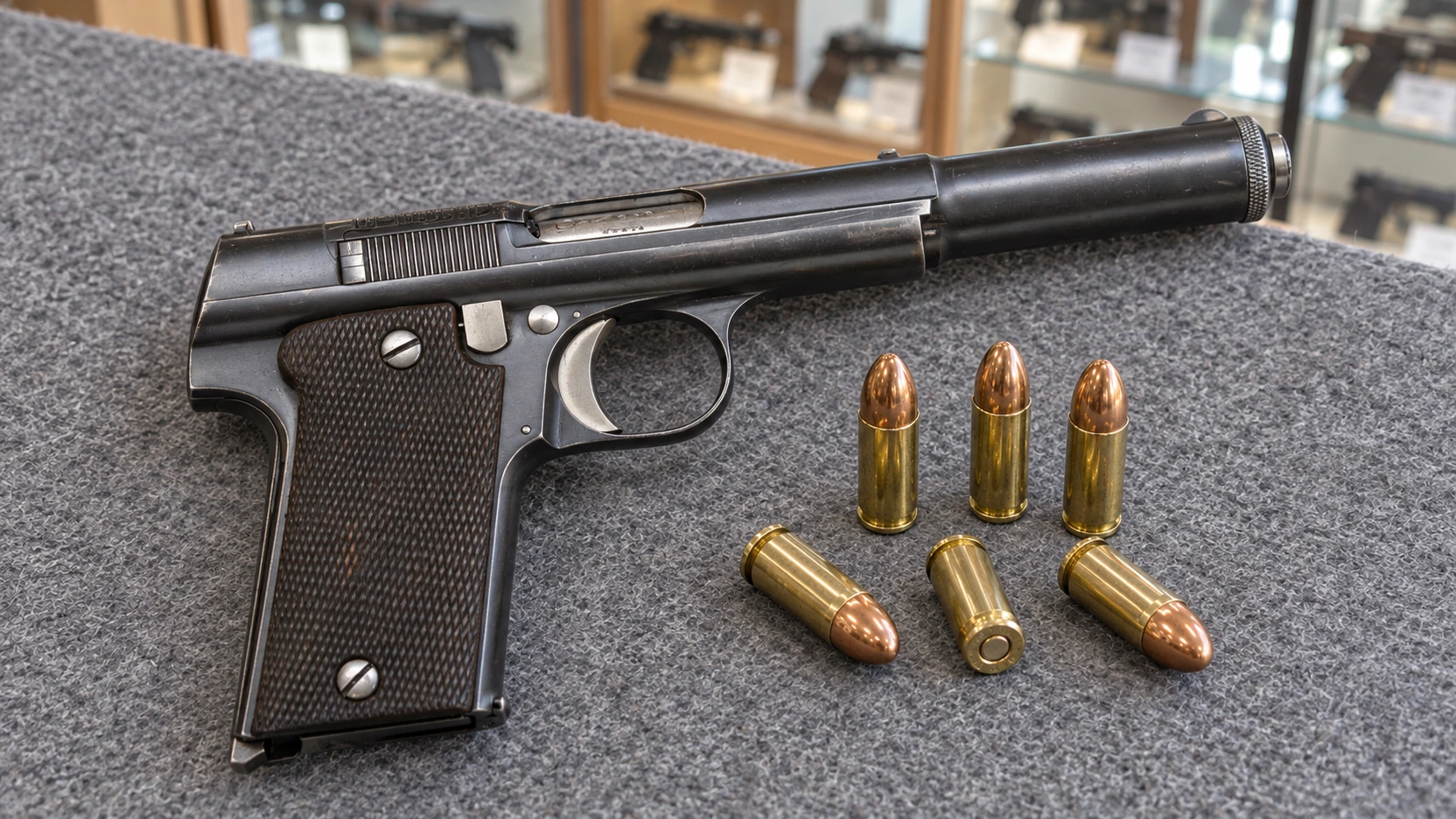 Pistolet espagnol de type Astra 400 à glissière tubulaire posé sur un comptoir d'armurerie avec six cartouches de 9 mm Largo