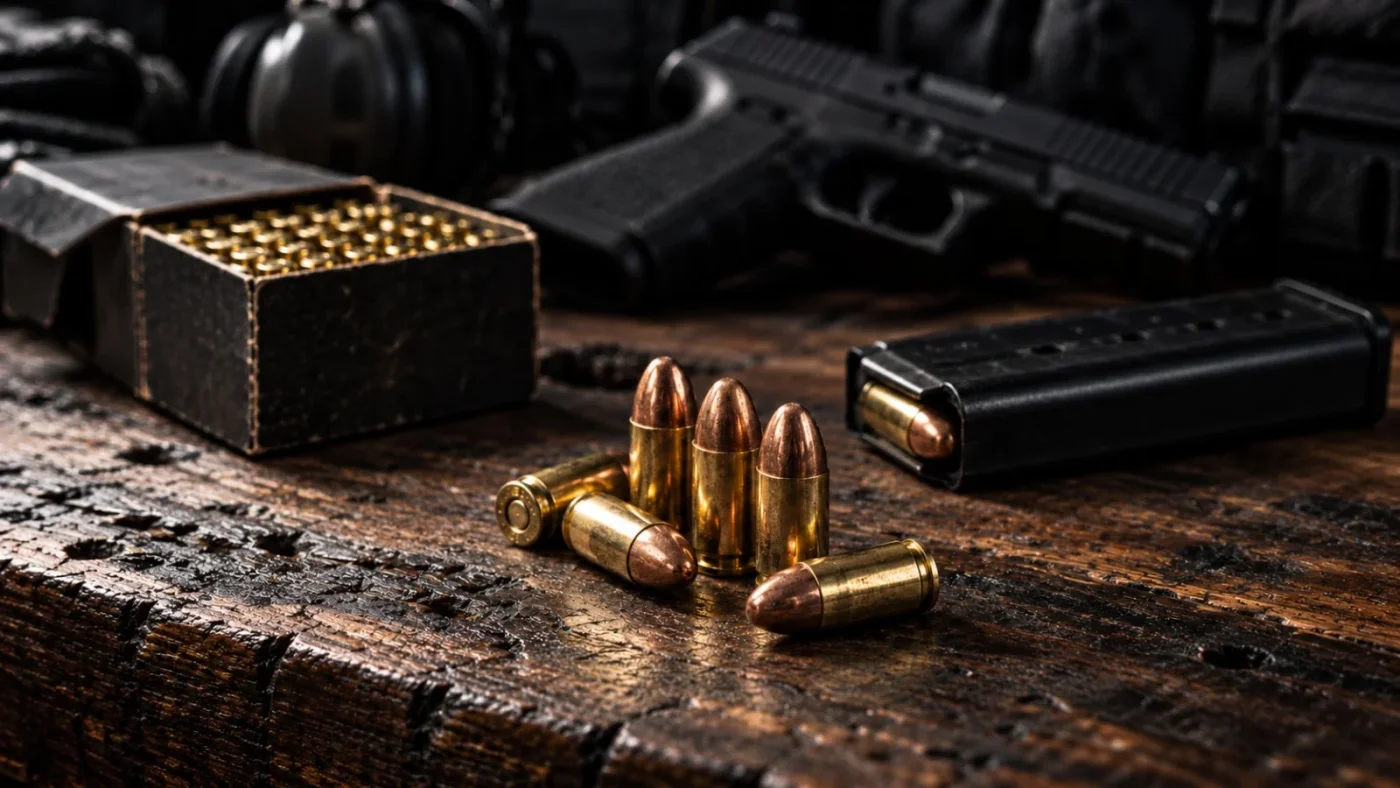 Pistolet moderne de calibre 9 mm Parabellum et cartouches à côté