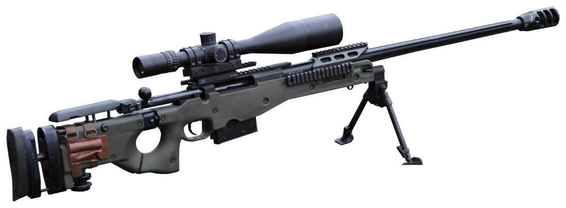 Carabine de precision Accuracy International AWM en 338 Lapua Magnum, chassis vert, crosse pliante, bipied et frein de bouche