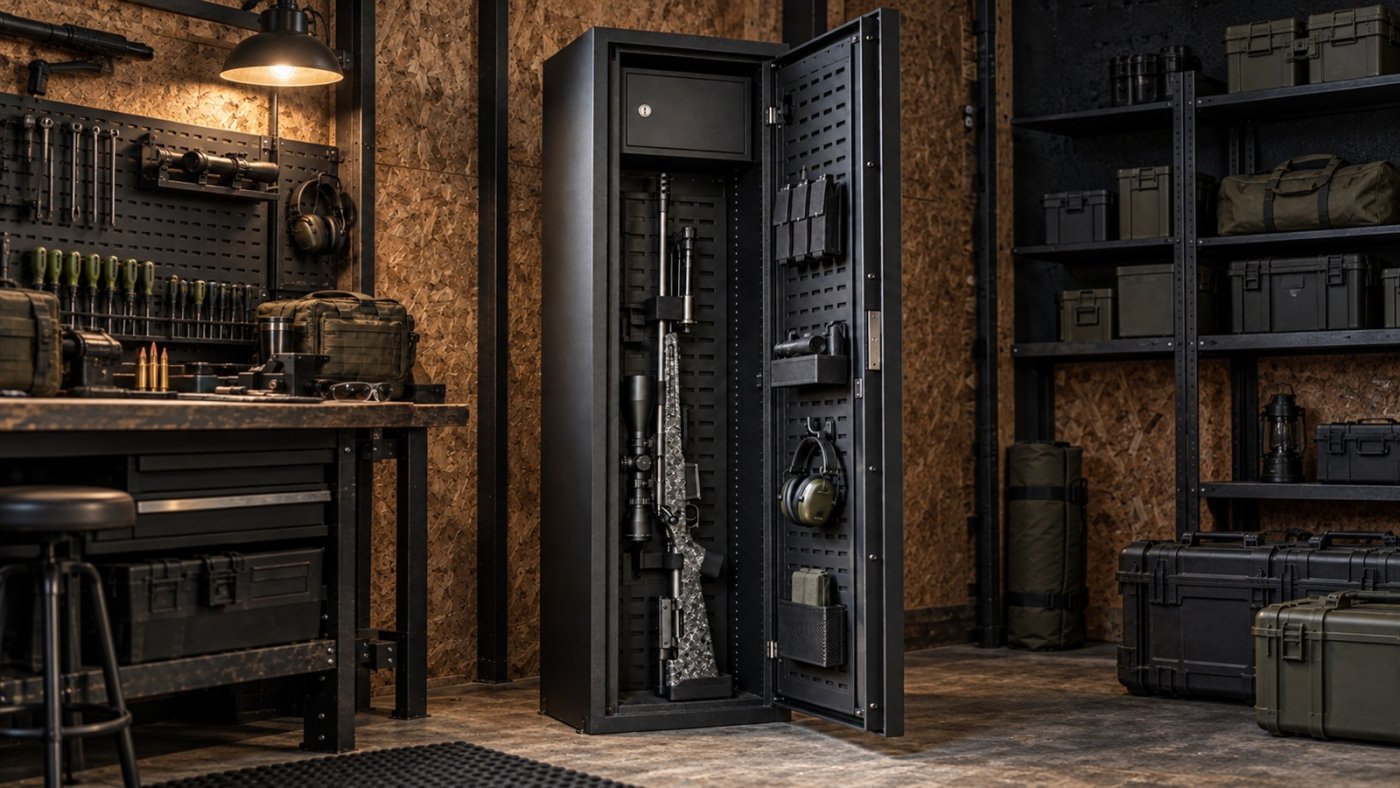 Armoire forte ouverte contenant une carabine dans un atelier de tir tactical