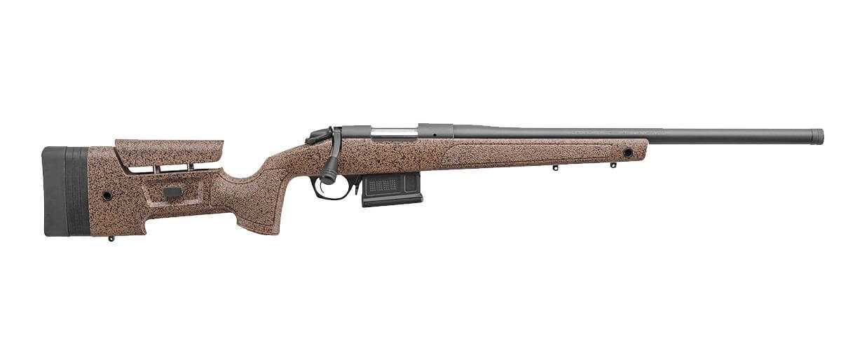 Carabine Bergara B-14 HMR crosse mouchetee brune canon lourd chargeur AICS amovible vue laterale
