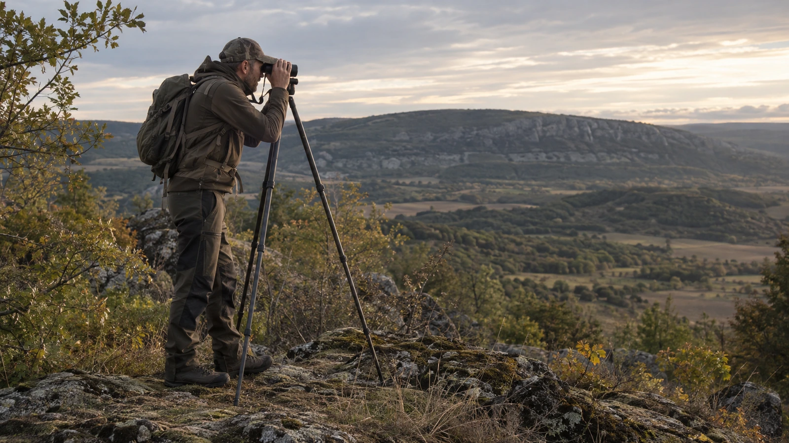 Bâton de tir de chasse : chasseur observant aux jumelles posées sur un trépied en montagne
