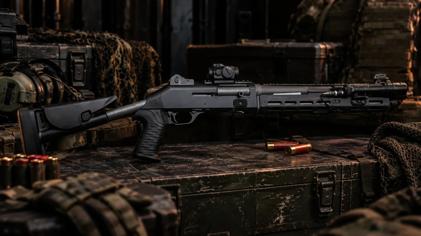 Fusil semi-automatique Benelli M4 calibre 12 à crosse télescopique et point rouge, posé sur une caisse métallique usée, cartouches rouges, gants et sac tactique en arrière-plan.