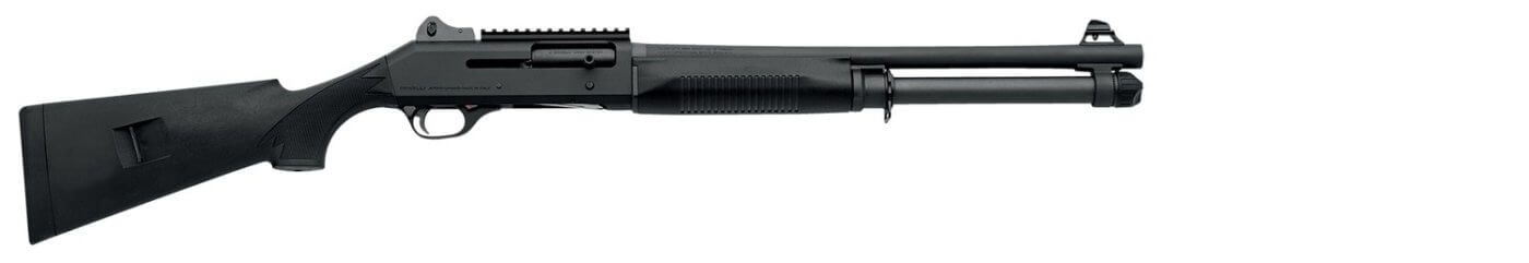 Benelli M4 calibre 12 vue de profil droit crosse fixe hausse ghost ring et rail Picatinny