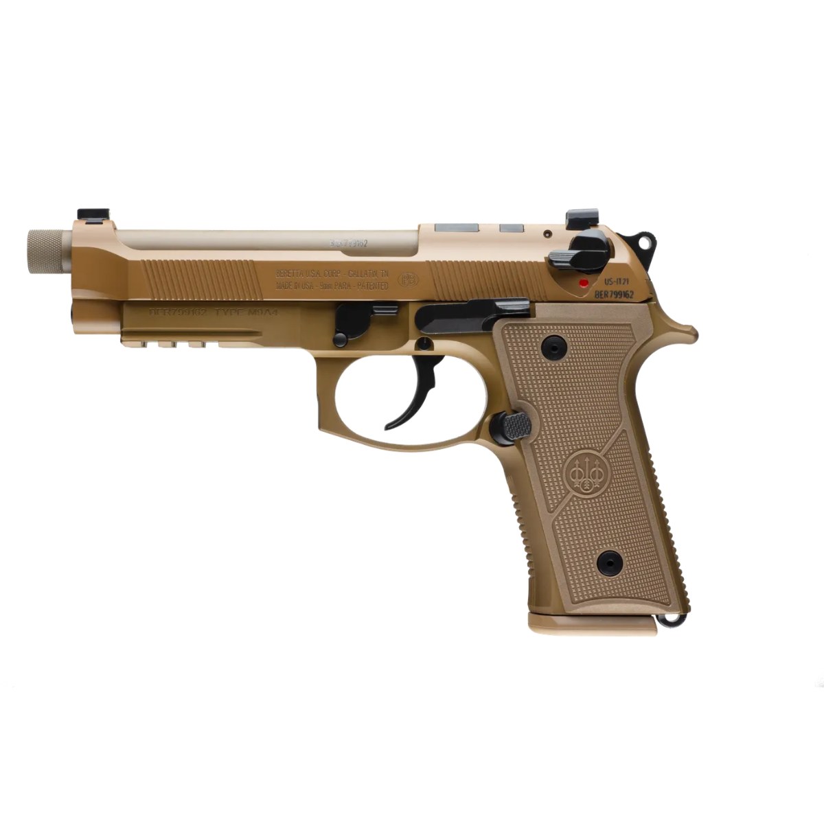 Beretta M9A4 en 9x19 FDE vu du côté gauche, decocker ambidextre visible