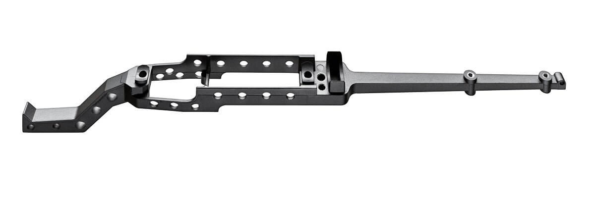 Mini-chassis aluminium pleine longueur integre dans la crosse Bergara HMR, vu seul hors de la crosse