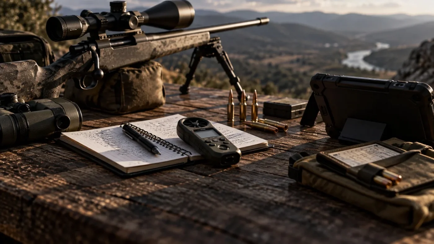 Station météo de poche à hélice et écran, télémètre et cartouches sur une table en bois, près d'une carabine à lunette posée sur un sac de tir, stand extérieur ensoleillé.