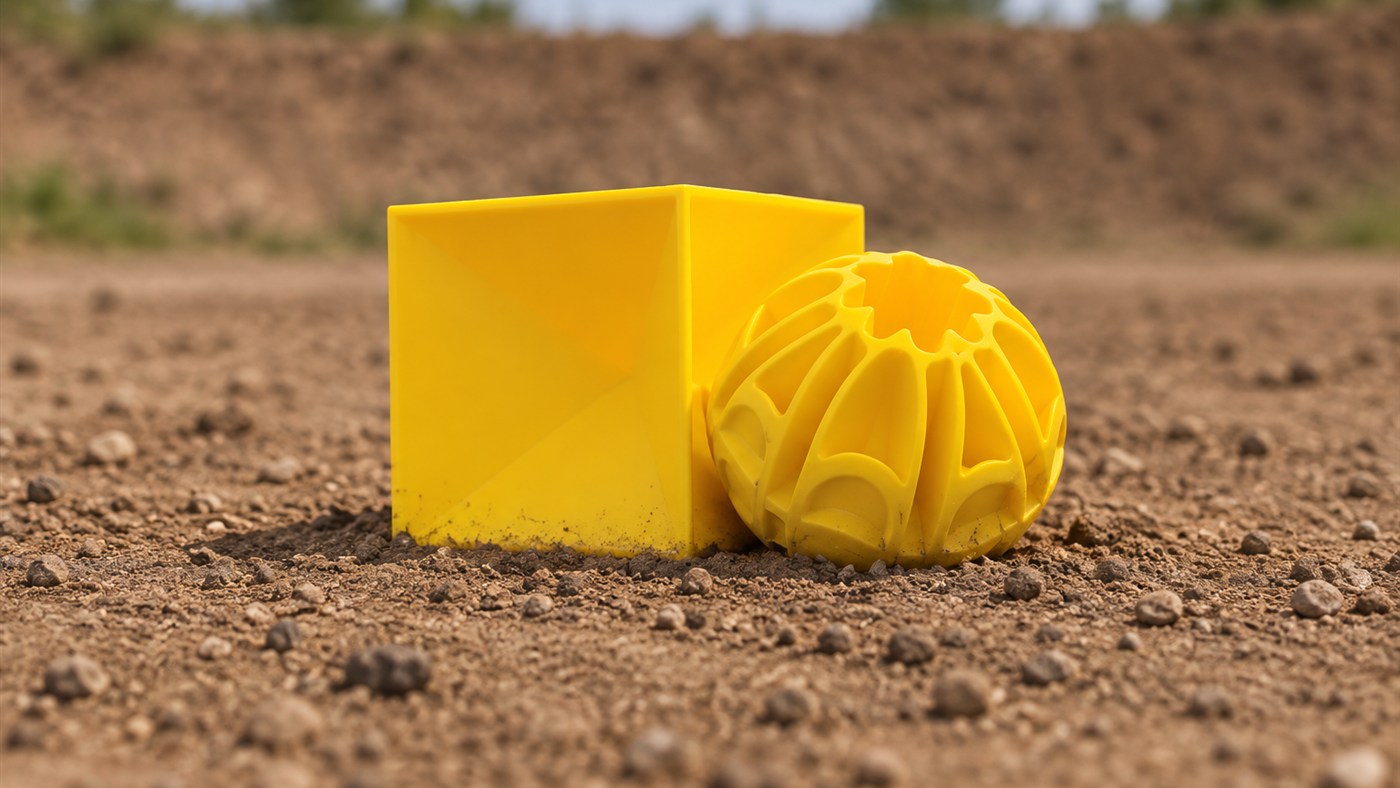 Cibles Caldwell Duramax jaunes, cube et boule, sur un sol en terre de stand de tir