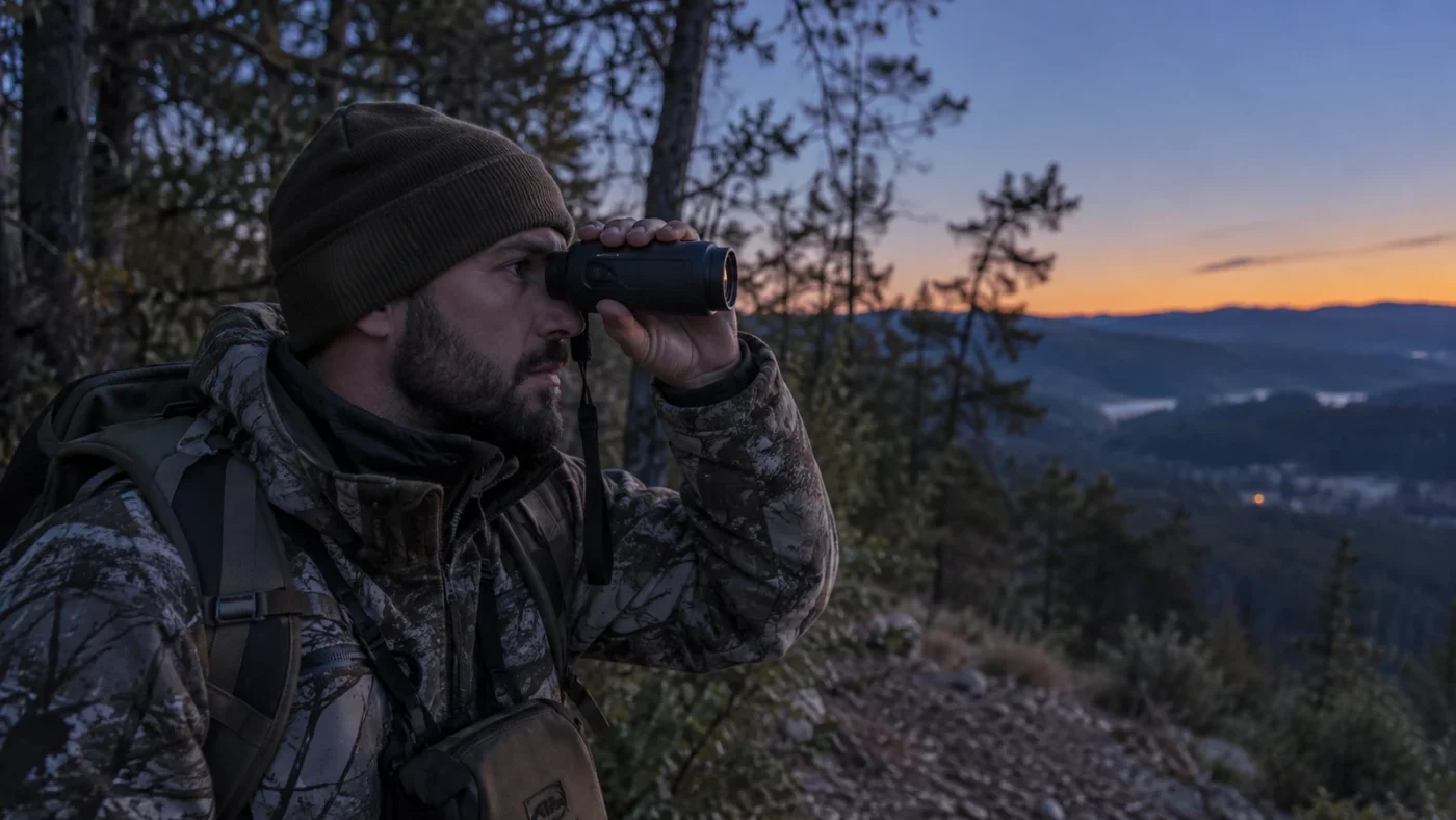 Caméra thermique de chasse : chasseur observant une vallée au crépuscule avec un monoculaire thermique tenu à la main
