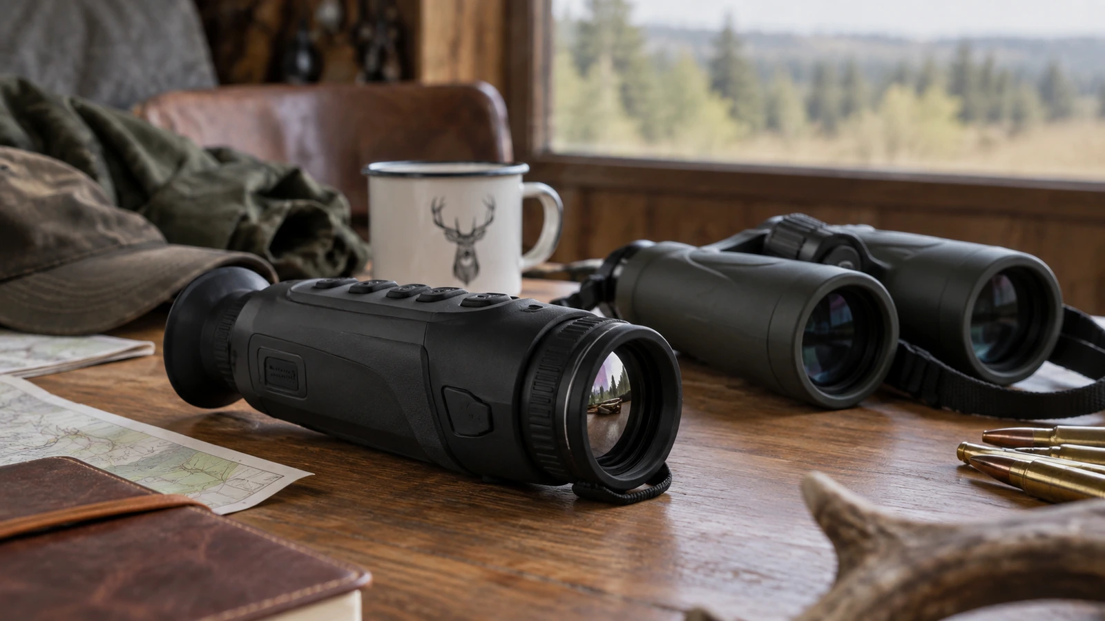 Caméra thermique de chasse : monoculaire thermique posé sur une table de chalet à côté d'une paire de jumelles et de cartouches