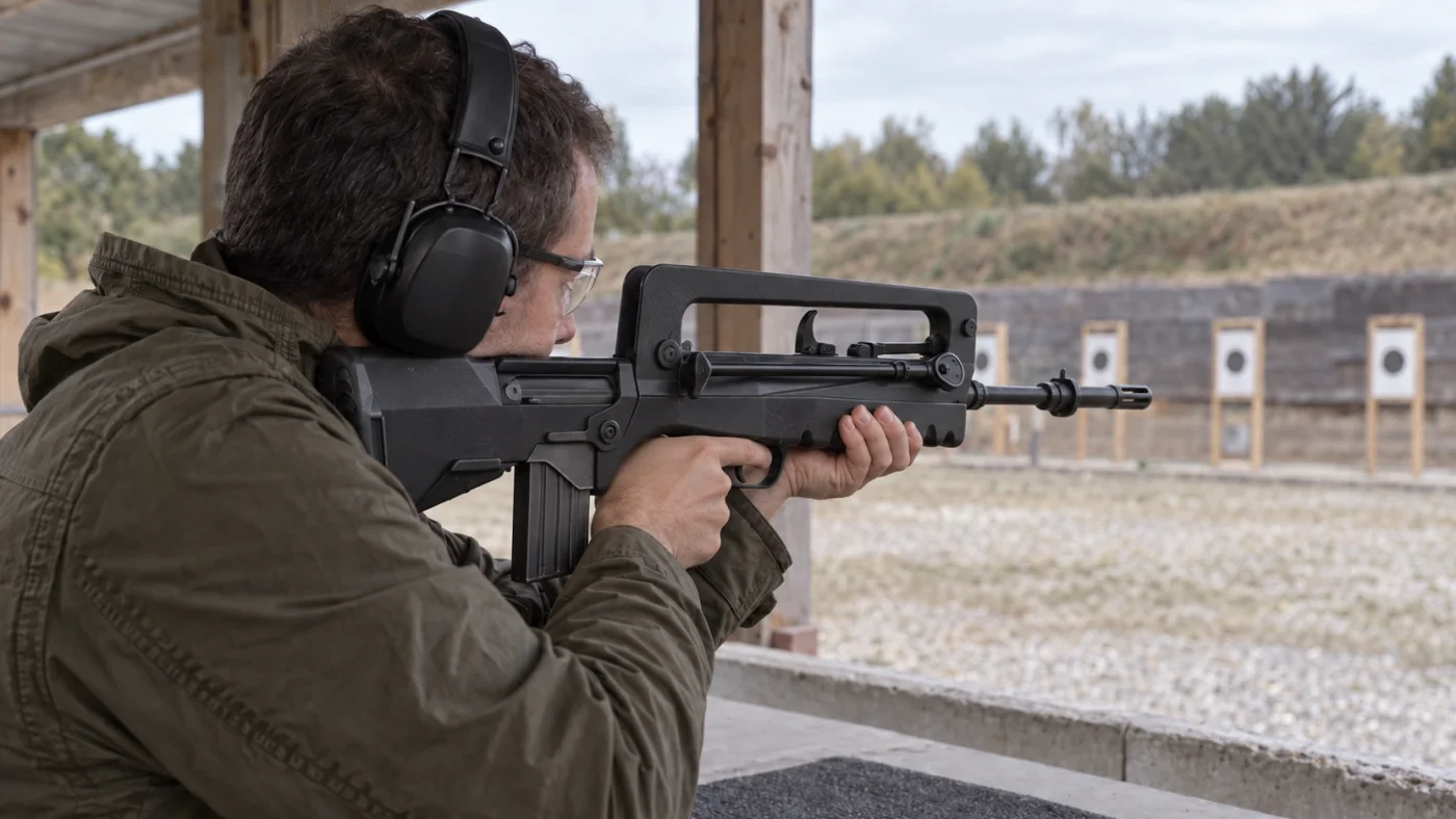 Tireur équipé de protections épaulant un FAMAS F1 dans un stand de tir
