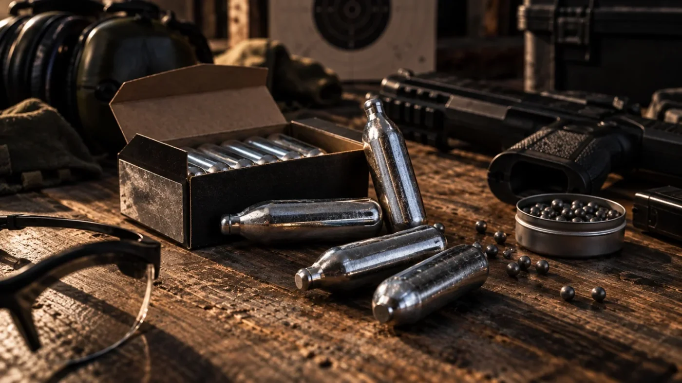 Capsules de CO2 sorties de leur boîte sur une table en bois, billes d'acier, pistolet à air noir, lunettes et casque de protection, cible en carton au fond.