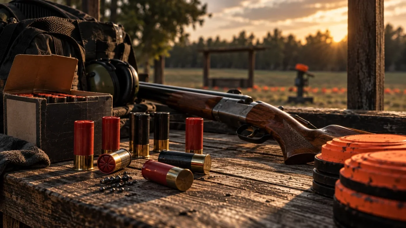 Cartouches de fusil rouges et noires éparpillées sur une table en bois, boîte ouverte, fusil à crosse en noyer et plateaux orange au soleil couchant.
