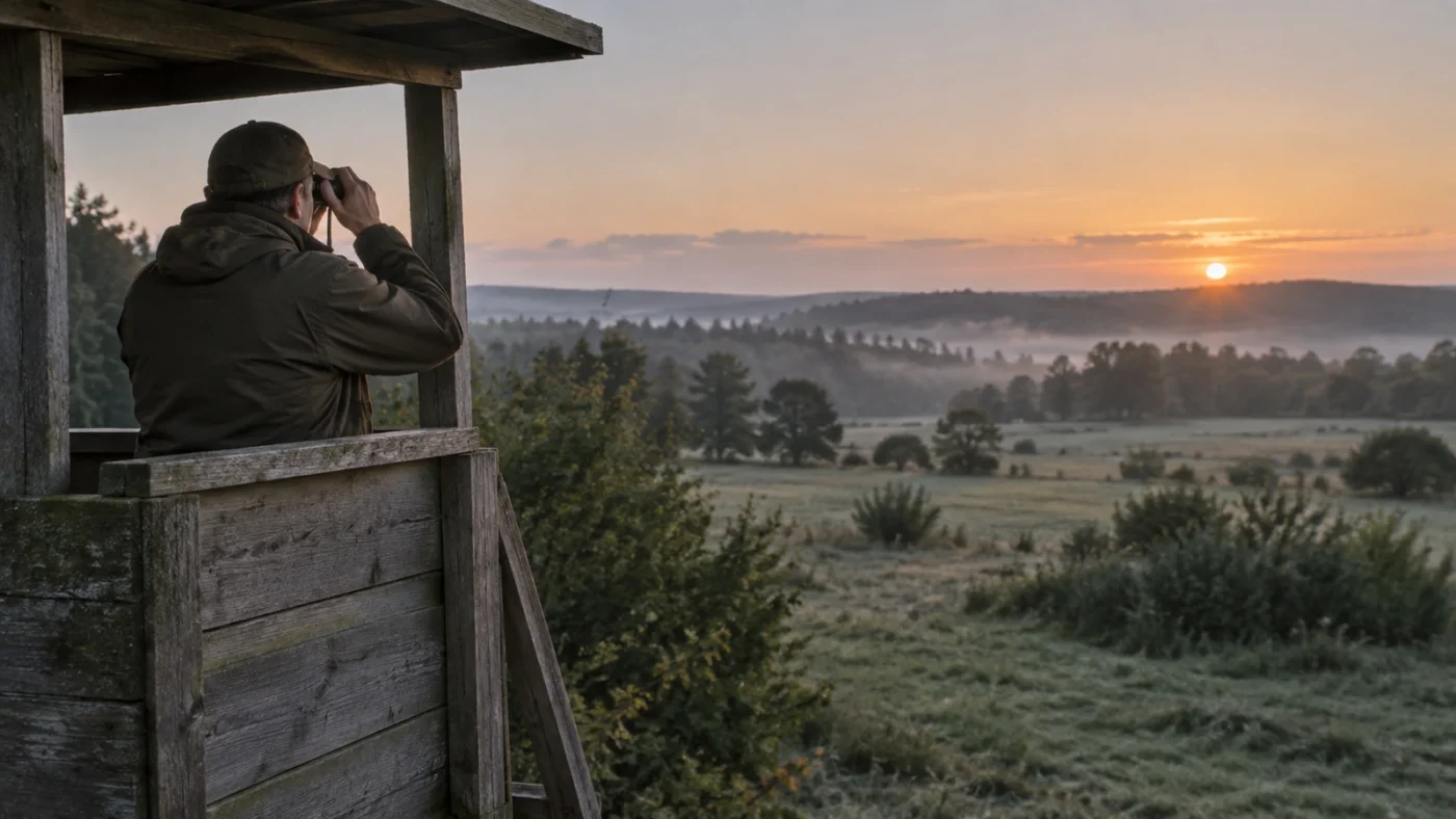 Chasse à l'approche et à l'affût : chasseur observant aux jumelles depuis un mirador à l'aube