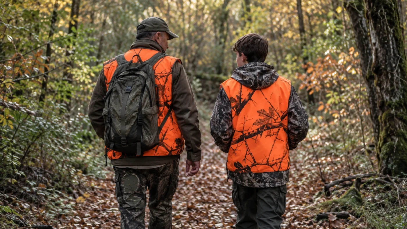 Chasse accompagnée : un parrain et son jeune filleul en gilet orange marchant en forêt