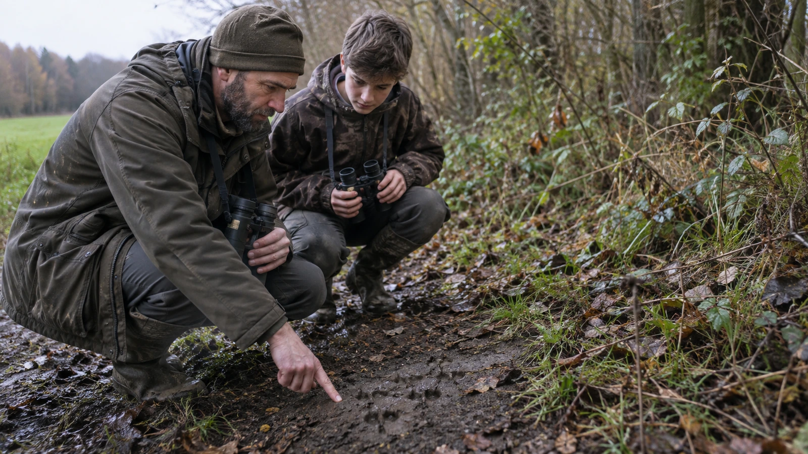 Chasse accompagnée : un parrain montre des traces de gibier à son jeune filleul