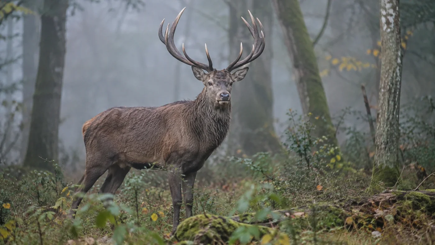 Chasse au cerf : cerf élaphe mâle en forêt dans la brume d'automne