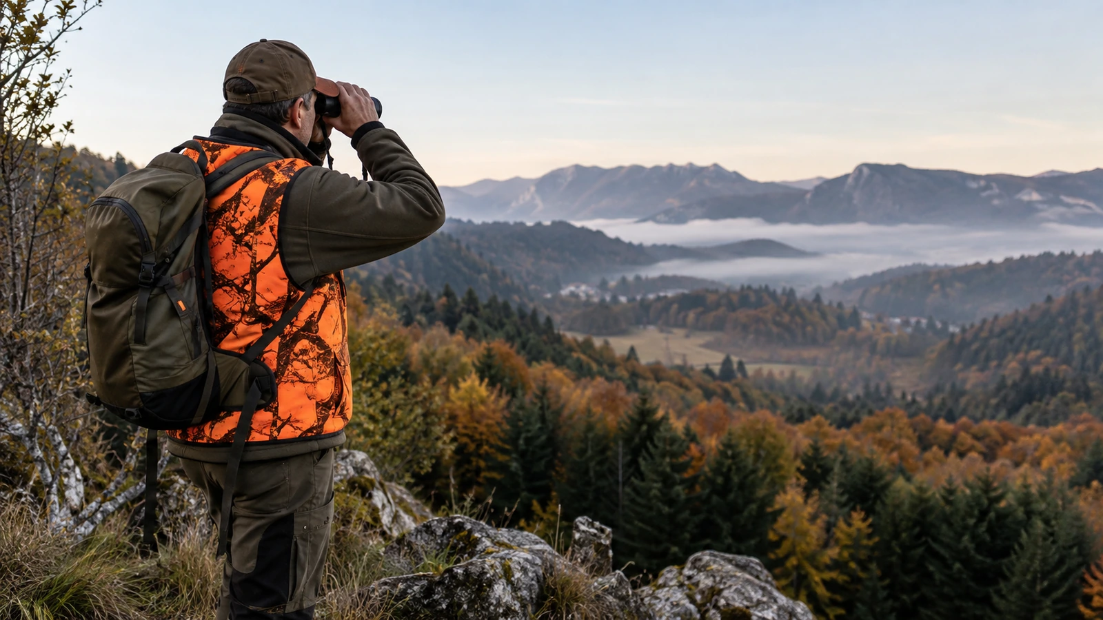 Chasse au cerf : chasseur en gilet orange observant une vallée de montagne aux jumelles