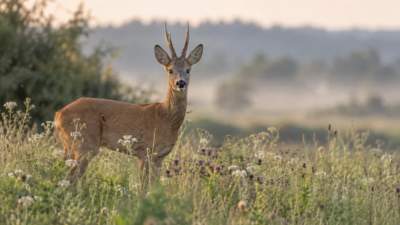Chasse au chevreuil : brocard dans une prairie au lever du jour