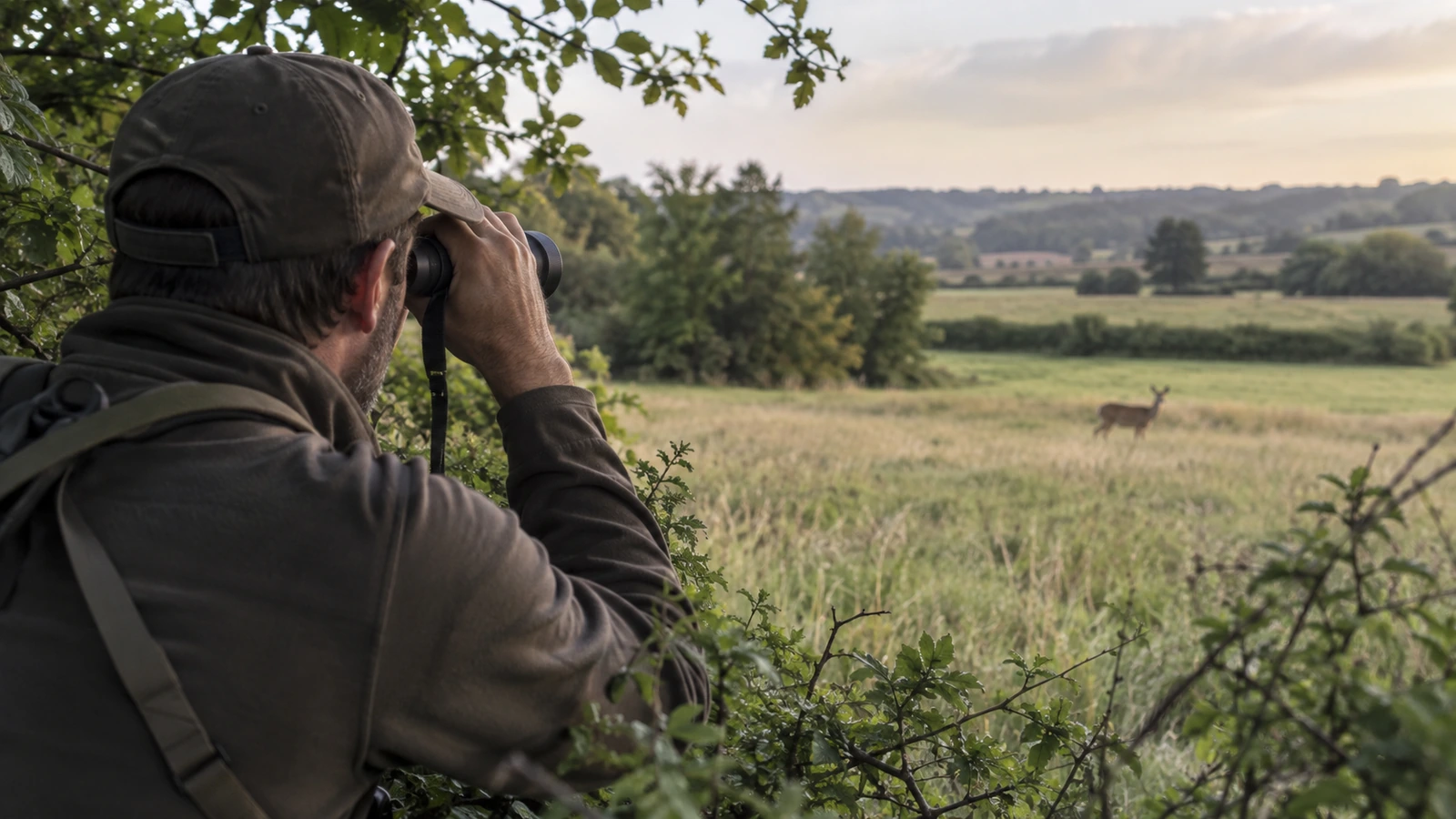 Chasse au chevreuil : chasseur observant aux jumelles un chevreuil dans une prairie