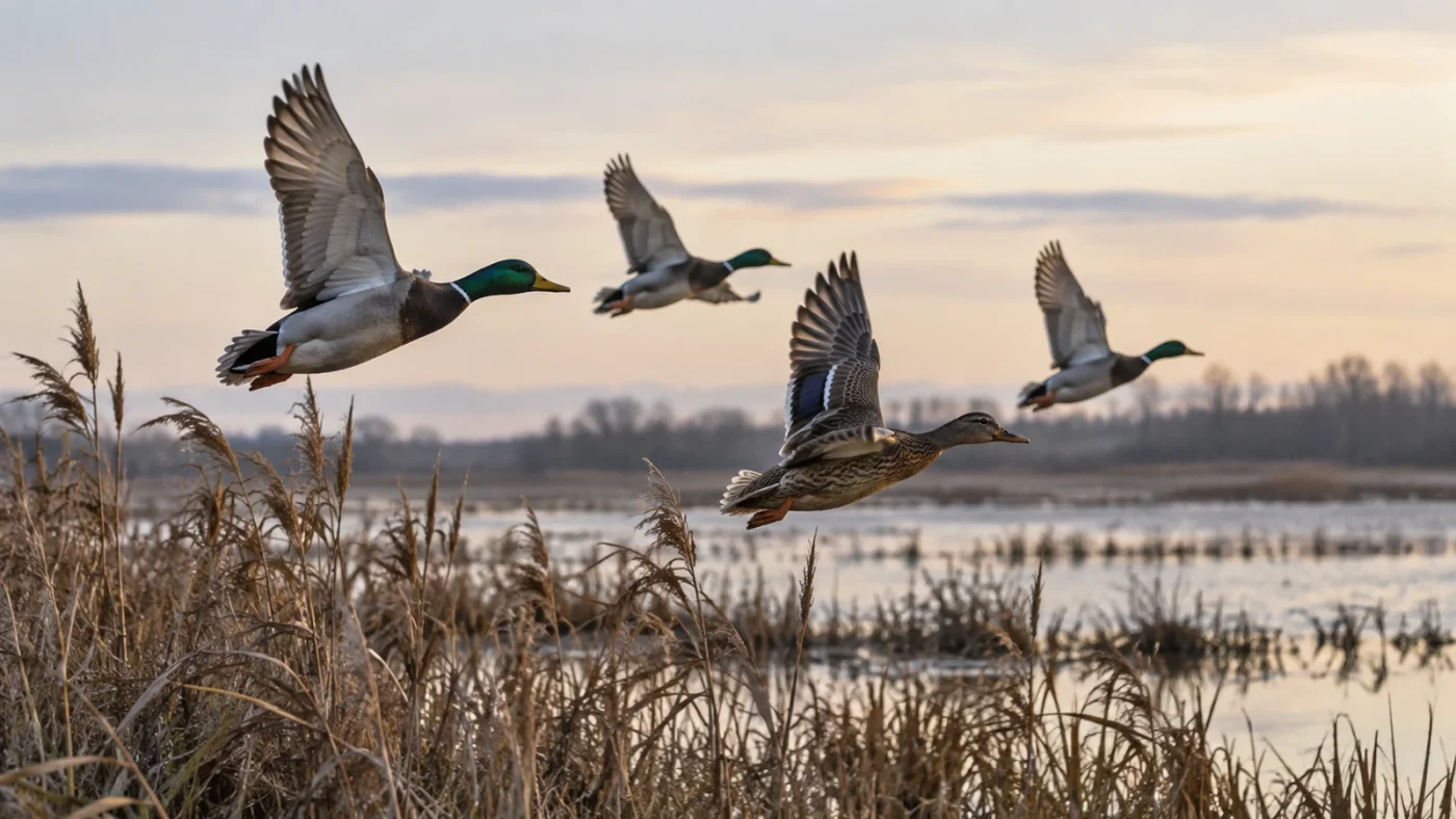 Chasse au gibier d'eau : canards colverts en vol au-dessus d'un marais au crépuscule