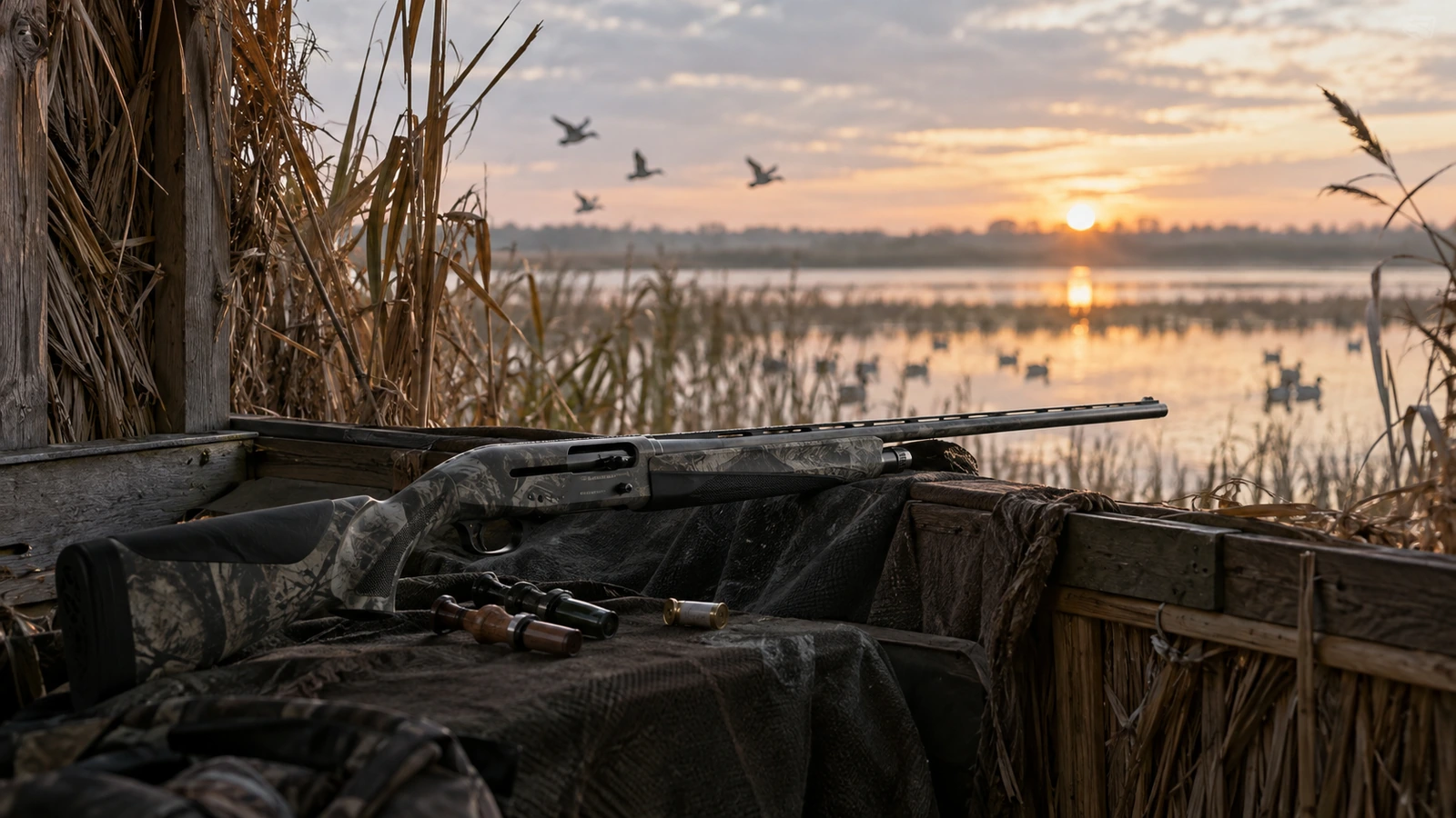 Chasse au gibier d'eau : fusil semi-automatique camouflé et cartouches sur le rebord d'une hutte au lever du soleil